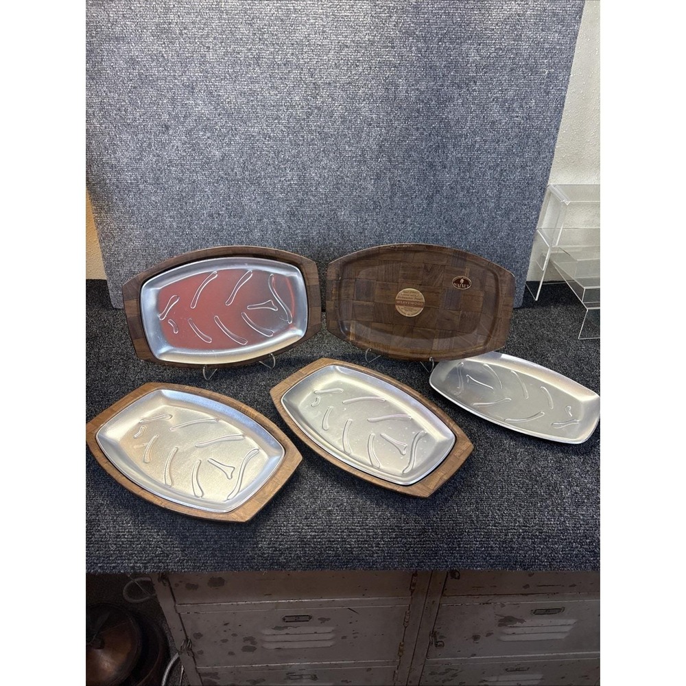 Weavewood Genuine Walnut Platters~12.25"x8.25"~with Nordic Ware Sizzle Pans~NOS